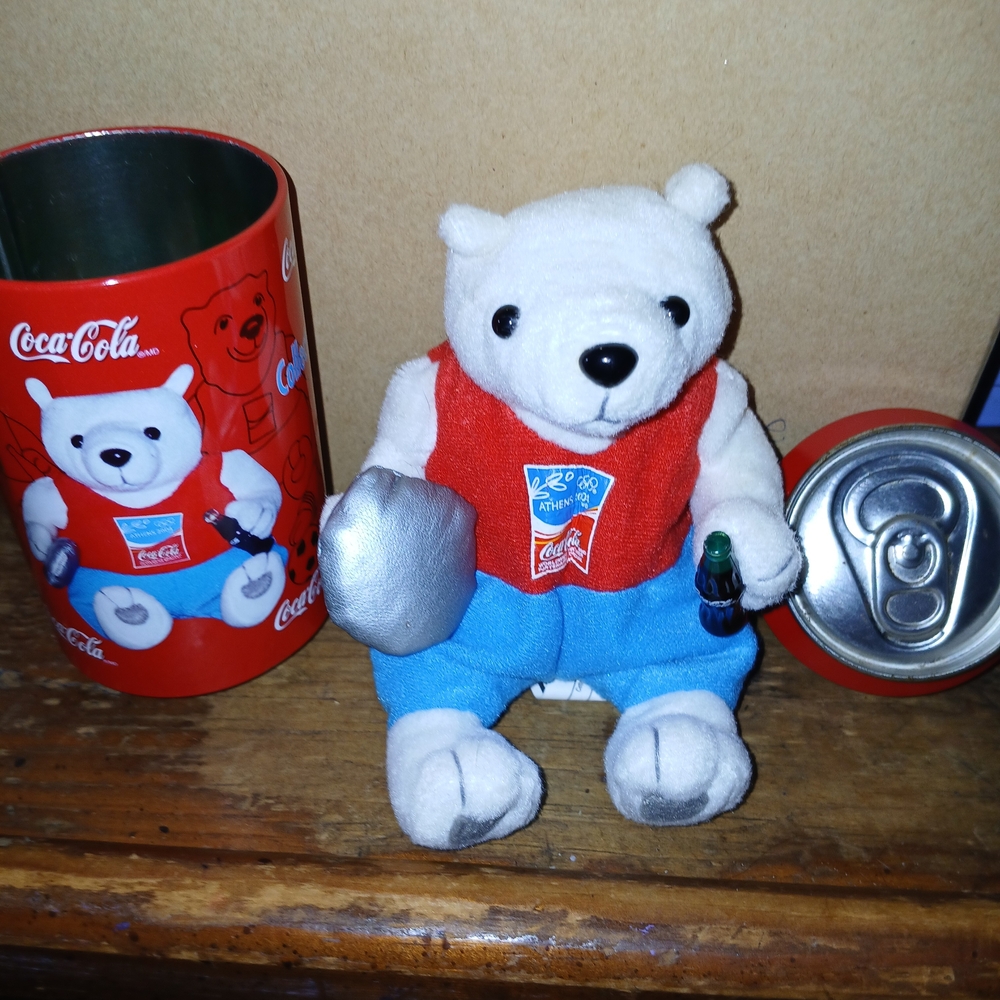 Coca Cola Plush Bear in Red Vest and Blue Pants and his Coca-Cola Can.